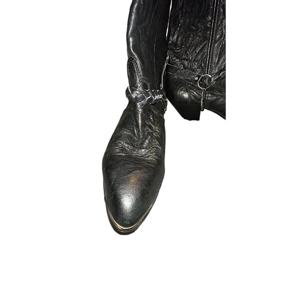Vintage 80’s Women's Black Leather Western Cowboy Boots With Chain/harness Detai - Picture 3 of 5